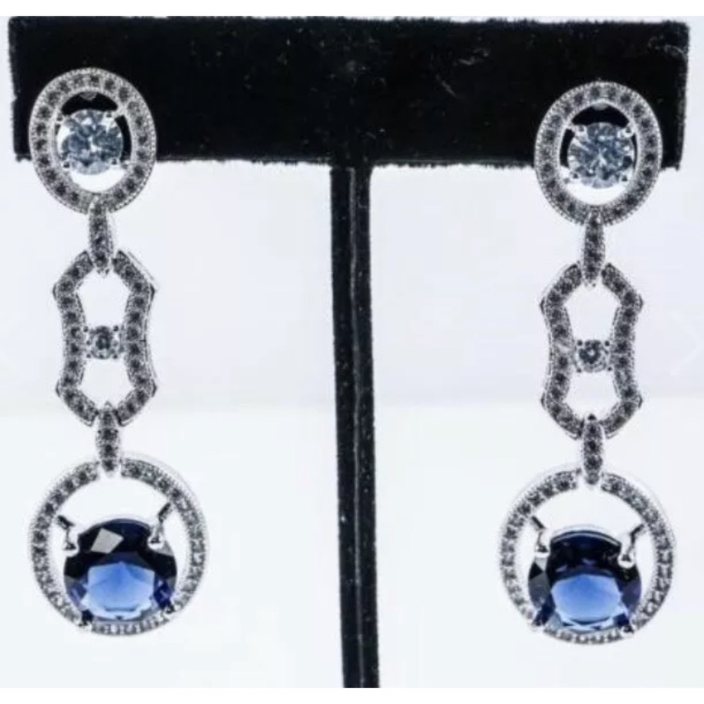 925 Silver 3 Tier Earrings Round Sapphire Blue Swarovski with Bead Setting